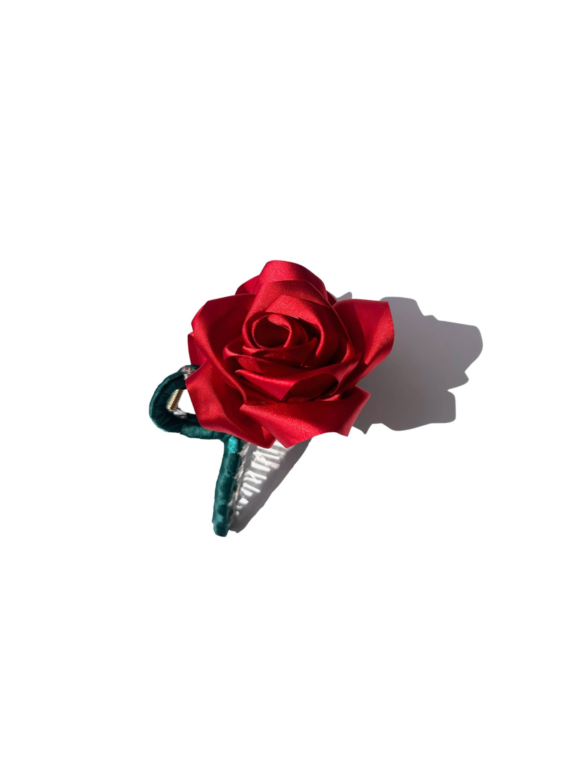 Handmade Satin Rose Stem Claw Clip: Red