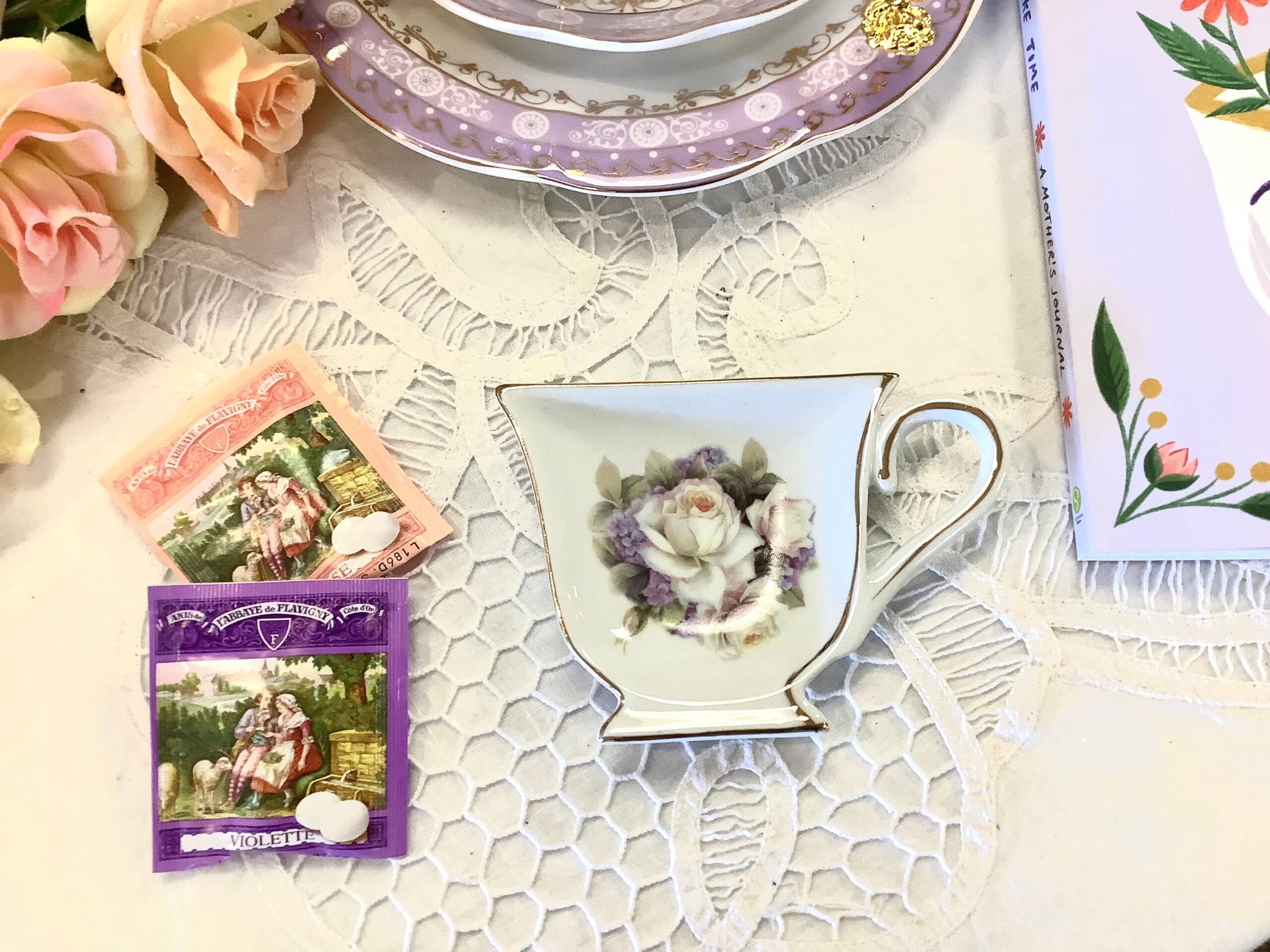 Tea bag Holder. White Rose Hydrangea Teacup