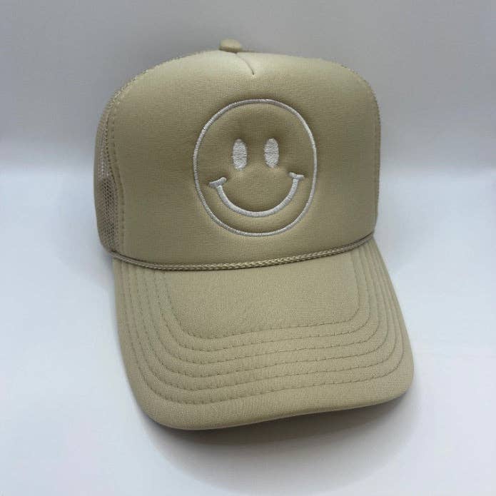 Happy Face Trucker Hat | Khaki/White: Khaki