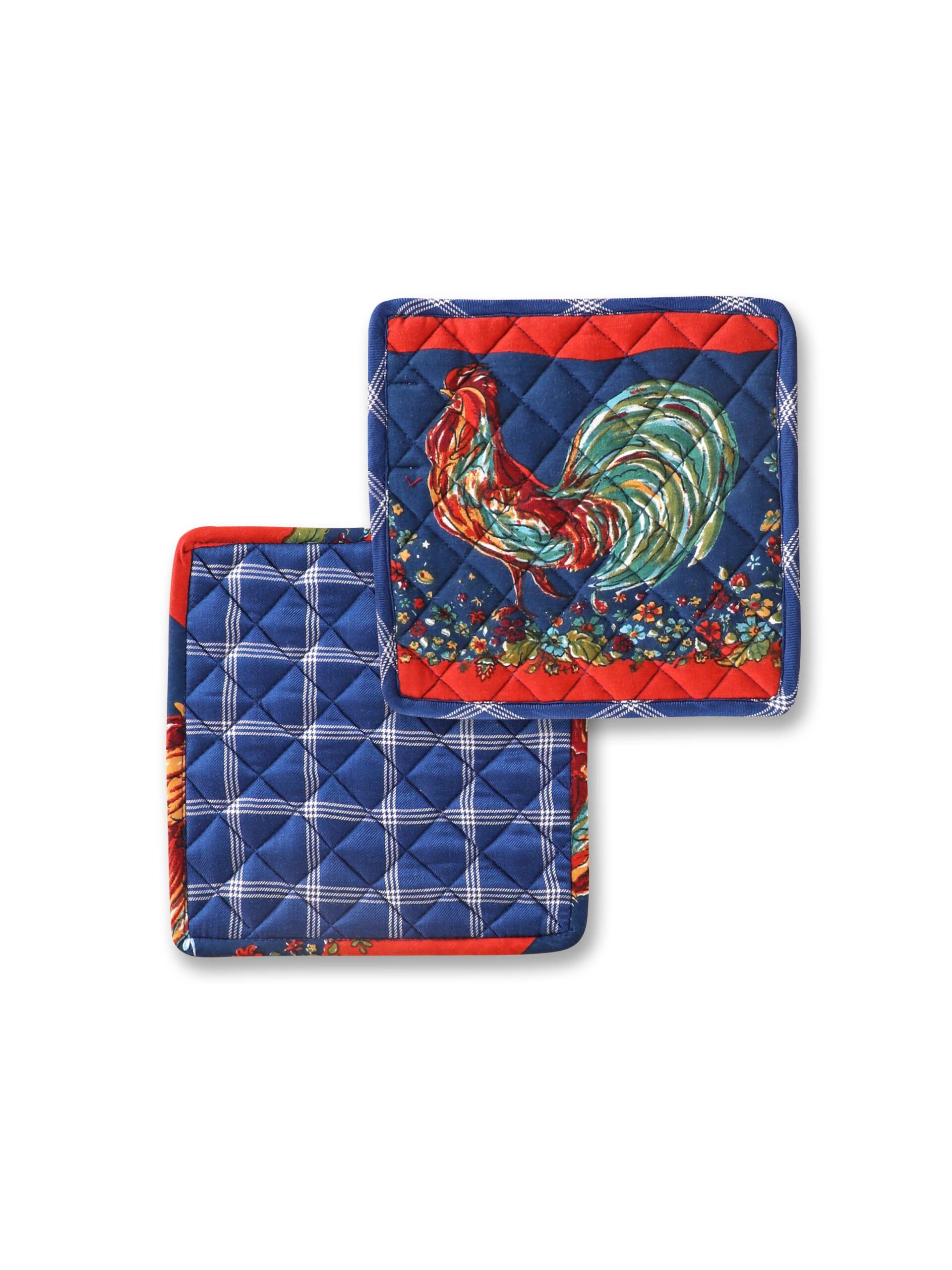 Rooster Patchwork Potholder Set of 2: Navy