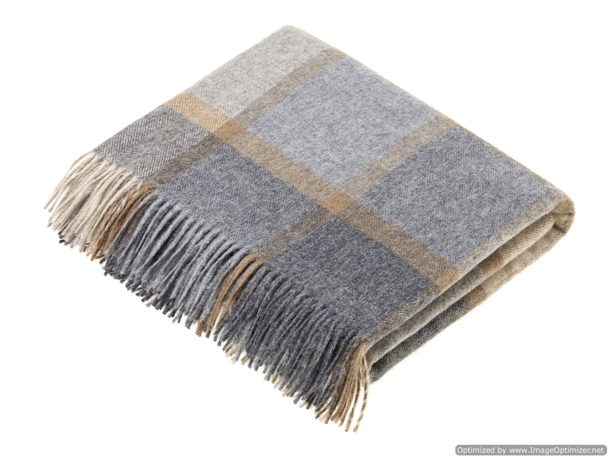 Bronte Moon - Merino Lambswool Throw Blanket - Block Windowpane - Beige / Gray