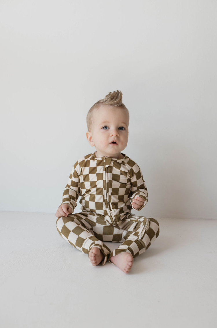 Bamboo Zip Pajamas  | Olive Checkerboard: 3-6 Months