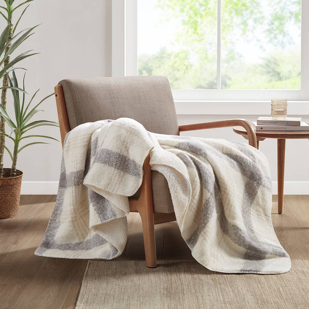 Plaid Faux Mohair Sherpa Soft Throw Blanket 50x60", Ivory: Natural
