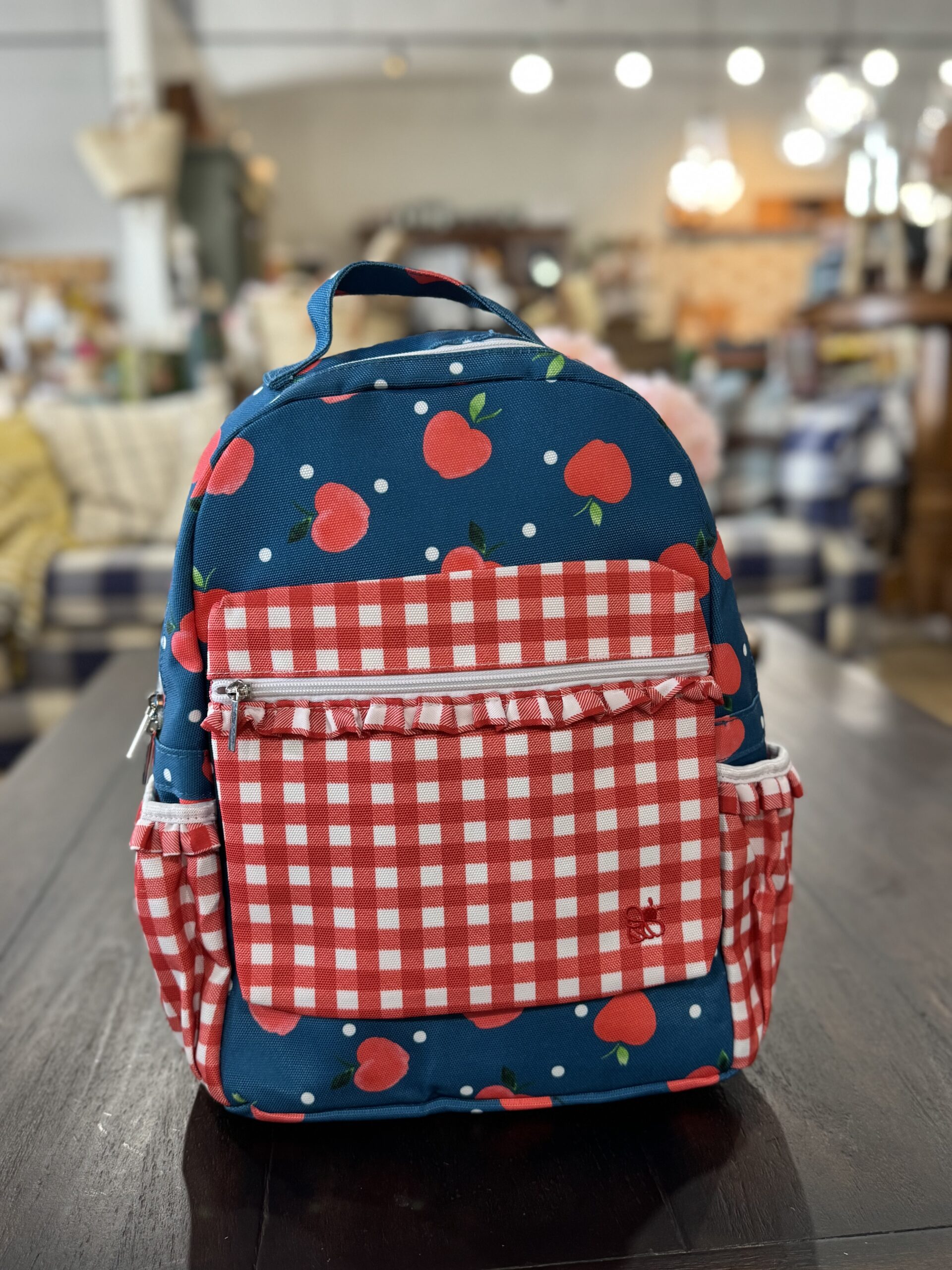 Girls School Bag - Ruffle Backpack - Apples on Navy