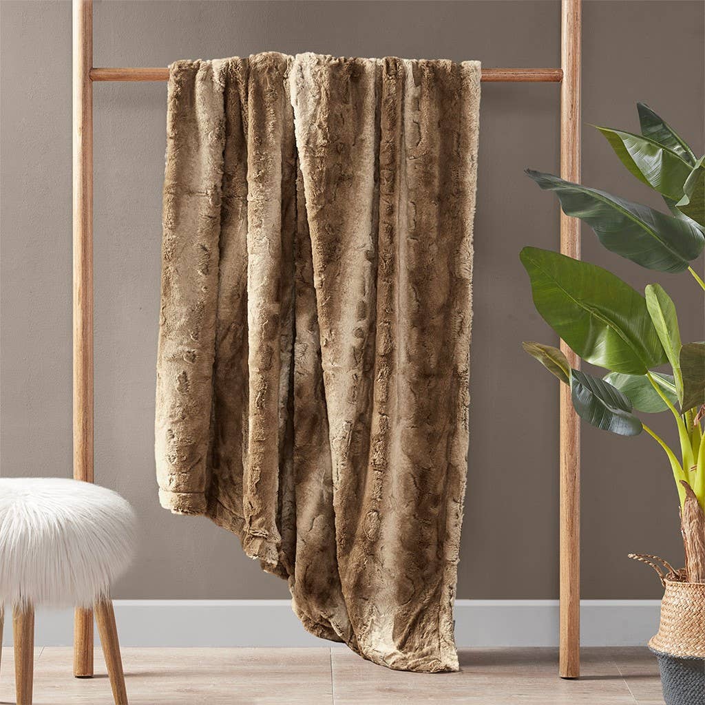 Oversized 60x70" Faux Fur Throw Blanket, Light Brown