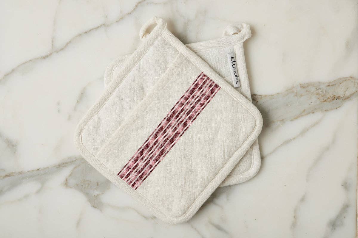 Pot Holder, Vintage Merlot Red Stripe, Set of 2
