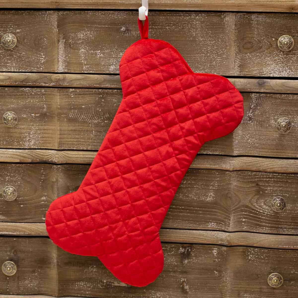 Quilted Dog Bone Stocking   Red   21x10