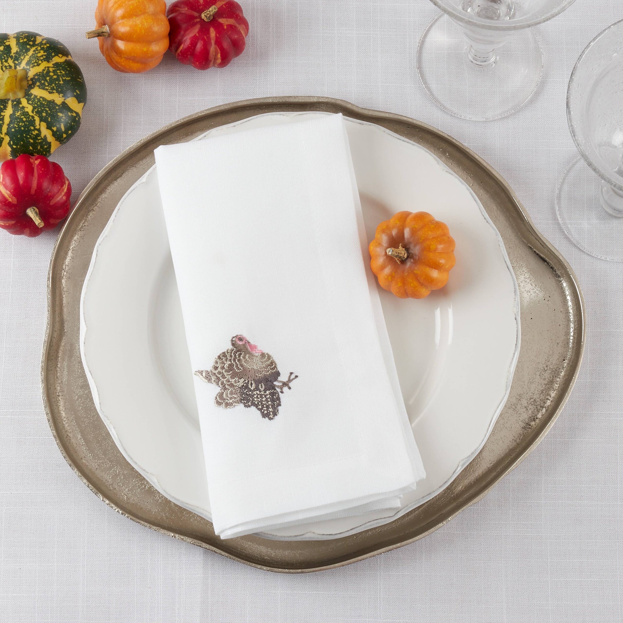 Embroidered Turkey Napkin: White, 20"
