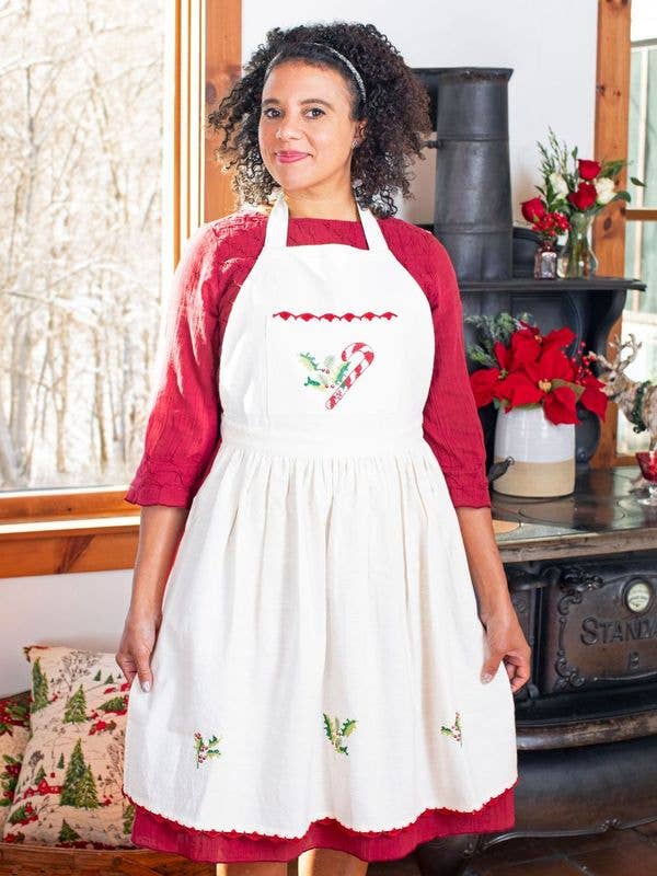 Candy Cane Cross Stitch Embroidered Apron: Ecru