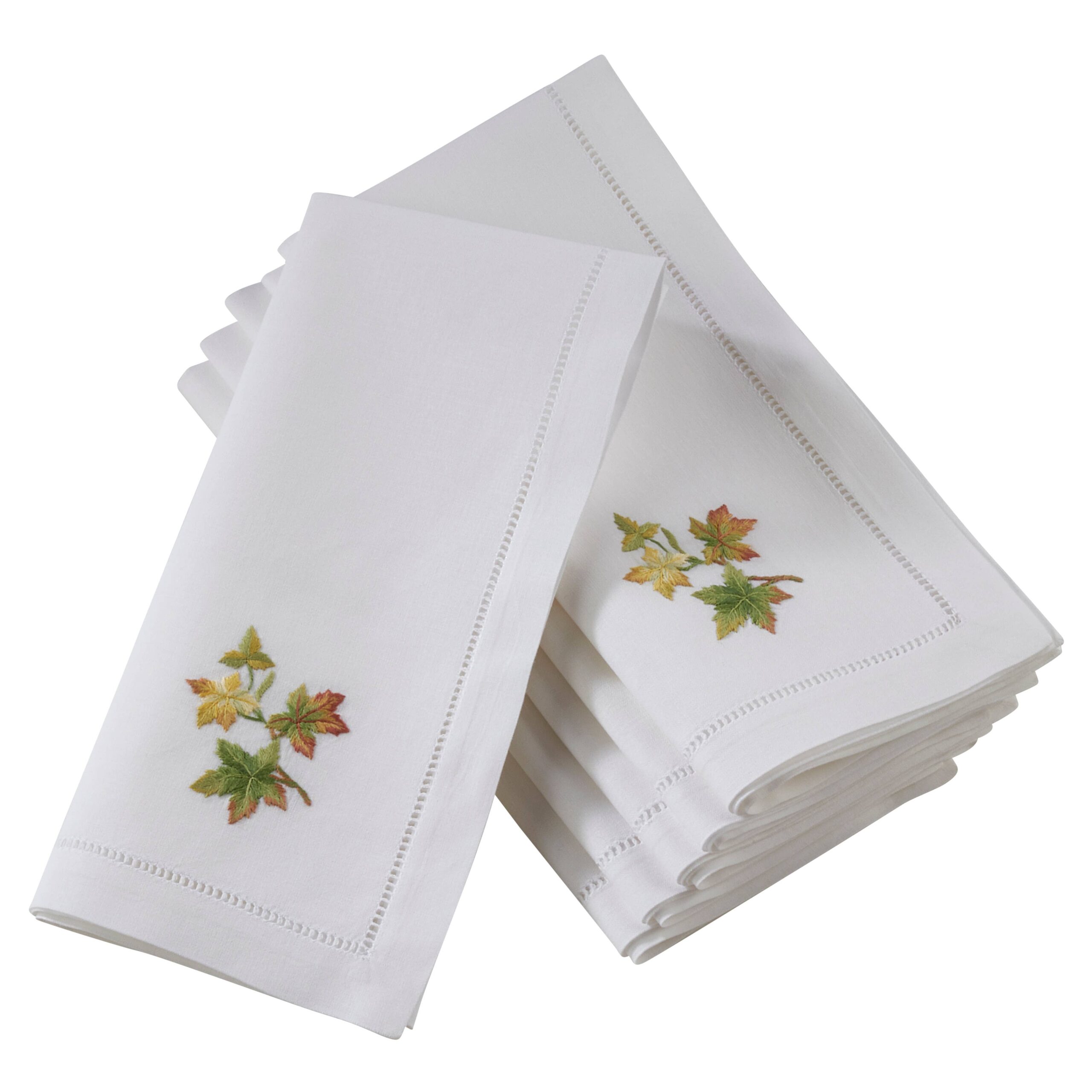 Embr'd Fall Leaf Hemstitch Napkin: White, 20"