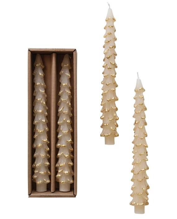 Unscented Tree Shaped Taper Candes in Box, Eggnog Color, Set of 2