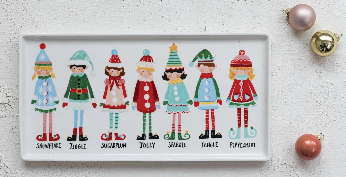 Stoneware Platter with Santa's Elves, Multi Color