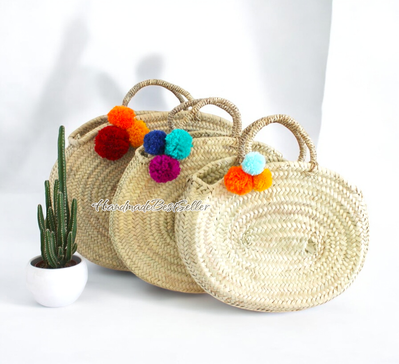 Woven Moroccan Basket Bags With Pom Poms