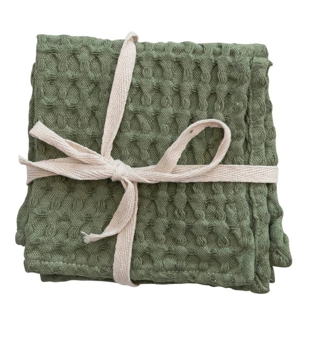 Stonewashed Cotton Waffle Weave Dish Cloths, Green, Set of 3