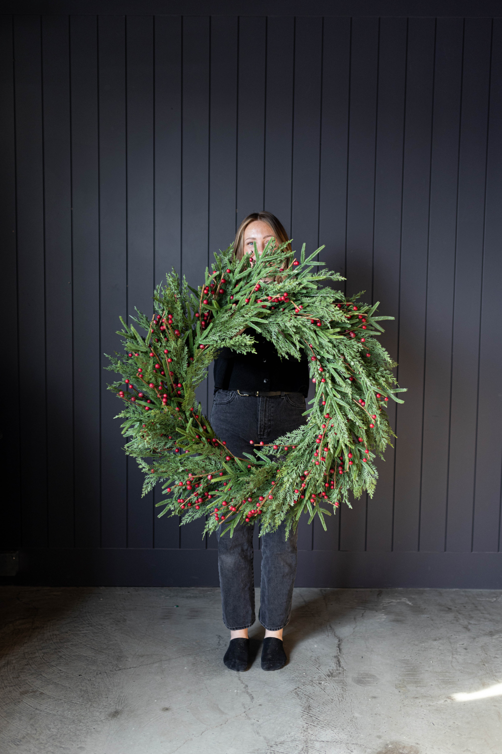 Red Plum Berry Norfolk Cypress Real Touch Wreath - 34"